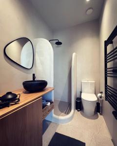 a bathroom with a sink and a mirror and a toilet at Luxurious wooden detail flat in city center in Chalkida