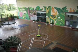a room with a basketball court in front of a mural at Flora Airport Hotel and Convention Centre Kochi in Nedumbassery
