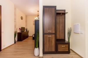 - un couloir avec une grande armoire en bois dans l'établissement Apartamentai 555, à Vilnius