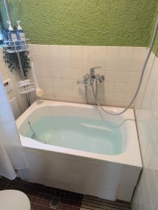 a bath tub with a shower in a bathroom at Matsuri House 20min to Ueno in Tokyo +24 photos