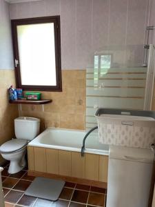 a bathroom with a tub and a toilet and a sink at Charmant gîte de montagne avec cheminée in Saint-Paul-de-Salers