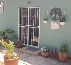 una porta con piante in vaso sul lato di una casa di The Garden Cottage a Polokwane
