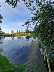 a wooden bridge over a lake with ducks in the water at Ezermalas in Carnikava +7 photos