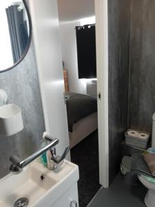 ブリドリントンにあるGarden roomの洗面台と鏡とベッドのあるバスルーム