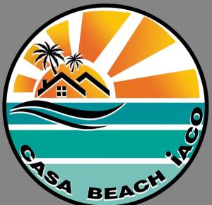 a beach logo with a house and palm trees at Casa Pé na Areia com Piscina Climatizada in Bertioga
