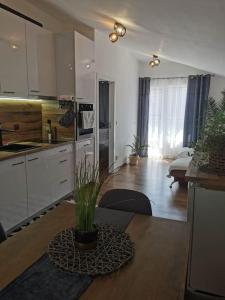 a kitchen with a table with a potted plant on it at Charming City Apartment SIYANA - Self Check-in in Panagyurishte