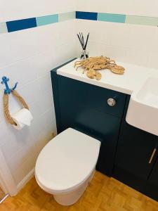 a bathroom with a white toilet and a sink at The Lookout in Carbis Bay +25 photos