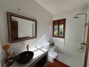 a bathroom with a sink and a toilet and a mirror at Mevak Home Alpujarra in Pórtugos