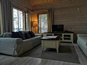 ein Wohnzimmer mit Sofa und Fernseher in der Unterkunft Patalaiska Cottage with private beach in Ruokolahti