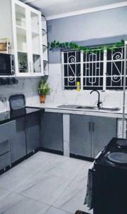 a kitchen with white cabinets and a sink and a window at The Adventure Begins in Bulawayo