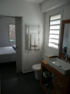 a bathroom with a toilet and a sink and a bed at Villa Entre-Deux Centre in LʼEntre-Deux