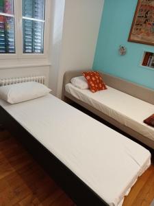 2 łóżka pojedyncze w pokoju z niebieskimi ścianami w obiekcie Le Palmier, Maison de ville, 3 chambres et jardin/terrasse w mieście Blois