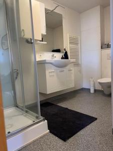 a bathroom with a sink and a shower and a toilet at Lakeside Apartments - A in Egilsstaðir +25 photos