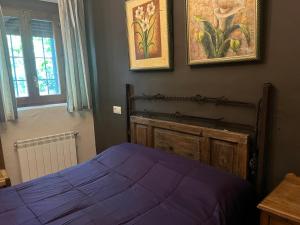 Un dormitorio con una cama y dos cuadros en la pared. en Casas Rurales Arcoiris, en Riópar