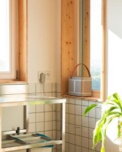 a kitchen with a sink and a window at Veritas Beyond Glamping in Hošťka +62 photos