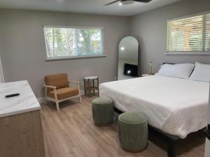 a bedroom with a bed and a chair and a mirror at Farm House with River Access to Guadalupe River in New Braunfels