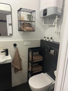 a bathroom with a toilet and a sink and a mirror at Apartament Frezja in Gryfów Śląski