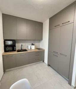 ミハロフツェにあるApartmán Bettyのグレーのキャビネットと電子レンジ付きのキッチンが備わります。 +6枚の写真