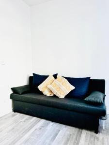 维也纳Comfy 4BR Apt, 12-Min to FAC Platz的一张黑色沙发,上面有两个枕头