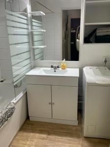 a white bathroom with a sink and a mirror at Grand studio Centre-ville avec ascenseur in Calais