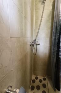 a shower in a bathroom with a shower curtain at House Vlasta in Primošten +14 photos