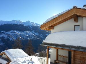 a snow covered roof of a building with mountains in the background at Apartment Chalet Mont Noble, 4 Vallées in Hérémence