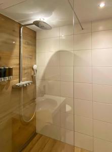 eine Dusche mit Glastür im Badezimmer in der Unterkunft FeWo 26 in Willingen