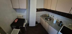 eine kleine Küche mit einem Waschbecken und einem Tisch in der Unterkunft Blok 1 in Belgrad