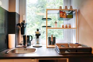 a kitchen counter with a sink and a window at Naturnahes Apartment- 3 Betten-Waschmaschine-Parkplatz-Balkon in Wolfsburg