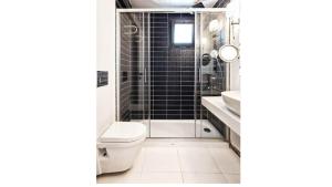 a bathroom with a shower and a toilet and a sink at Casa Mimosa Hotel in Karaburun