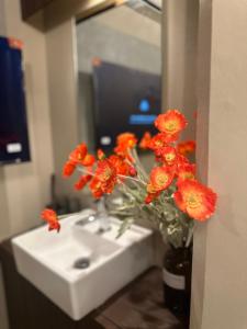 a vase of orange flowers sitting on a bathroom sink at e-hostel 心斎橋 406 in Osaka +20 photos