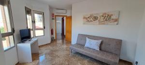 a living room with a couch and a television at Edificio Primavera Viviendas turísticas in Calasparra