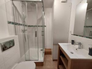 une salle de bains avec douche, toilettes et lavabo dans l'établissement Appartement cosy 3 pièces, avec balcon et piscine, proche des pistes et commodités à La Plagne Tarentaise - FR-1-353-118, à La Plagne Tarentaise 5 autres photos