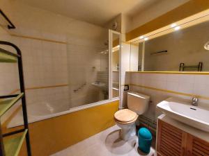 łazienka z toaletą, umywalką i prysznicem w obiekcie Appartement cosy 3 pièces avec 2 balcons, lave-vaisselle, lave-linge, à proximité des pistes - FR-1-353-126 w mieście La Plagne Tarentaise +6 zdjęć