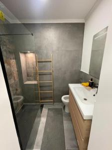 a bathroom with a shower and a toilet and a sink at Queluz Maison in Queluz +7 photos