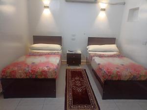two twin beds in a room with a rug at NUBIAN MONALIZA guest house in Aswan