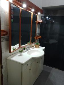 a bathroom with a sink and a mirror and a shower at Relax avEspaña in Paysandú +12 photos