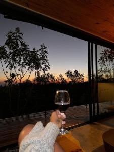 a person holding a glass of wine in front of a window at Refúgio Veadeiros Container in Sao Jorge