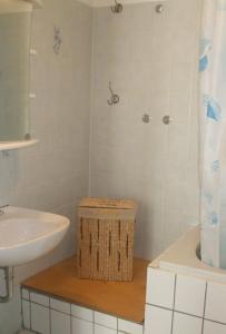 La salle de bains blanche est pourvue d'un lavabo et de toilettes. dans l'établissement Ferienwohnung Mosel-Rhein, à Coblence