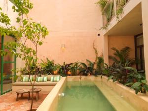 an indoor pool with plants in a building at Kuka y Milpa in Mérida