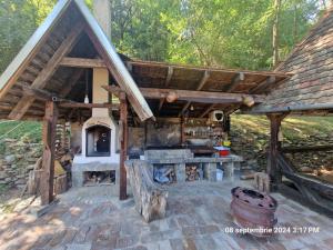an outdoor kitchen with a fireplace and a roof at Pensiunea CASA MAXIMUS in Moneasa