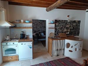 a kitchen with a stove and a counter in a room at Tarihi Restore Edilmiş Rum Evi in Ayvalık