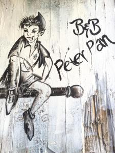 un dibujo de un hombre sentado en una pared en B&B Peter Pan, en Gargnano
