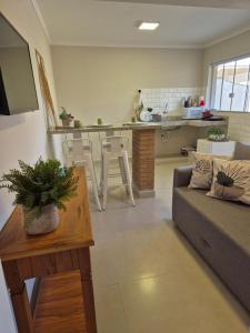 een woonkamer met een bank en een keuken bij Acolhedor ao lado de Vinícola e Centro in Espirito Santo Do Pinhal
