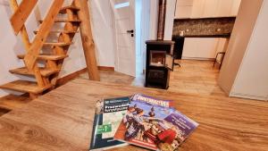 a magazine on the floor with a wood stove at Leśna Przystań in Busko-Zdrój