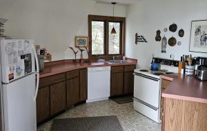 una cucina con un frigorifero bianco e un lavello di Northern Lights-Lake Michigan a Northport