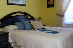 a bedroom with a large bed with blue pillows at Residencial Entreaguas in Palazuelos de Eresma +33 photos