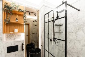 a bathroom with a shower with a glass door at Copal Residence in Baia Mare