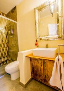 サンミゲル・デ・アジェンデにあるCasa Eugenia, tu hogar en San Miguel de Allendeの洗面台、トイレ、鏡のあるバスルーム