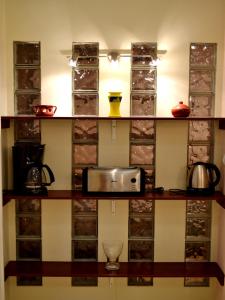 a kitchen with shelves and a microwave on a wall at Gabriel Apartment in Budapest